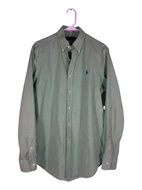Ralph Lauren Button Down Shirt Green Gingham Check Cotton Classic Fit Medium